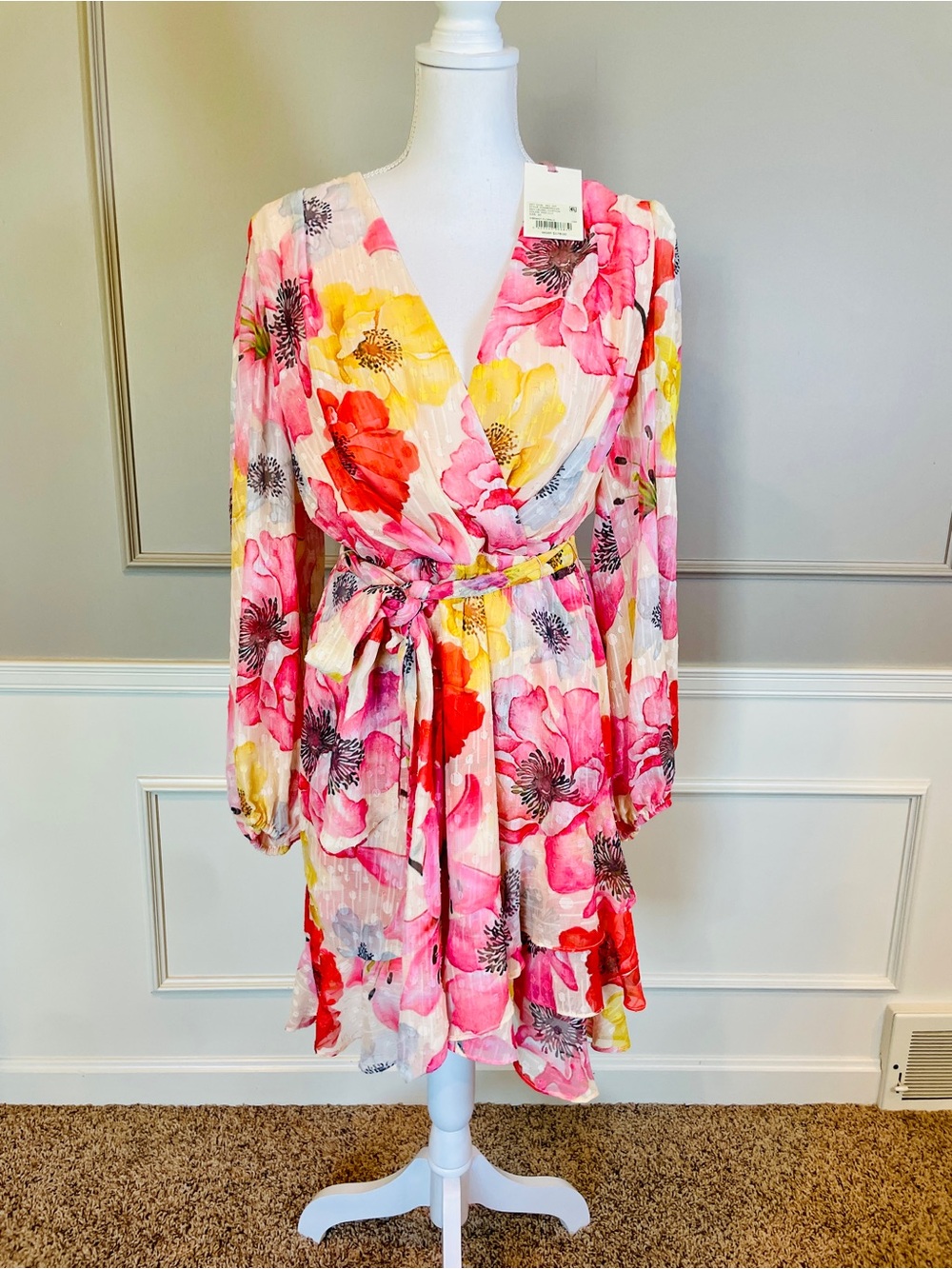 New Alex Marie Floral Wrap Dress 10 Long Sleeve Pink Yellow V Neck Feminine $178